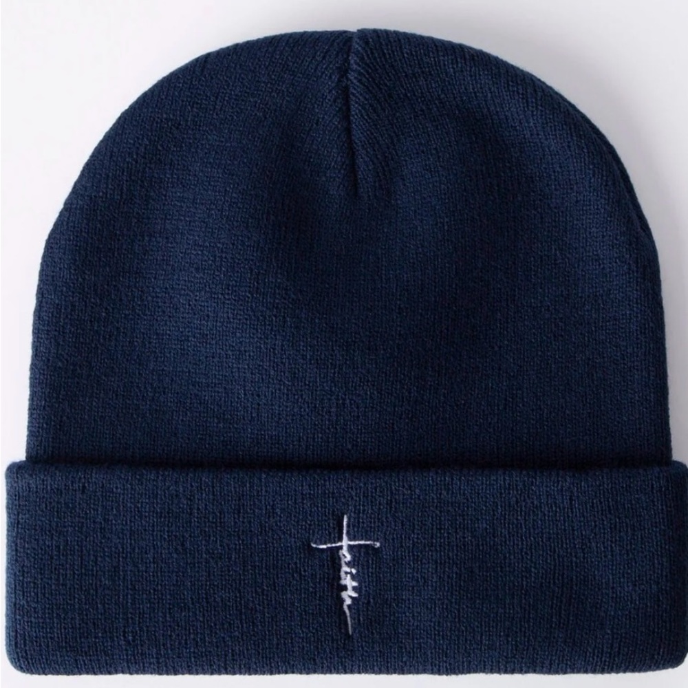 NWT Navy Blue Faith Cross Knit Beanie